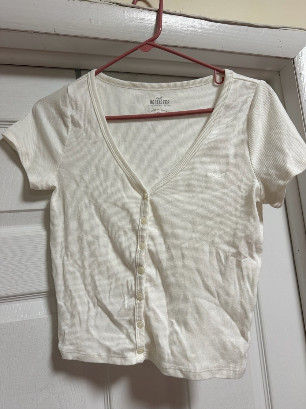 Hollister Co. Ribbed Button-Through V-Neck Short-Sleeve Top, Large, White